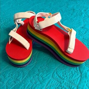 Teva Platform Sandals with Rainbow Sole and White Straps